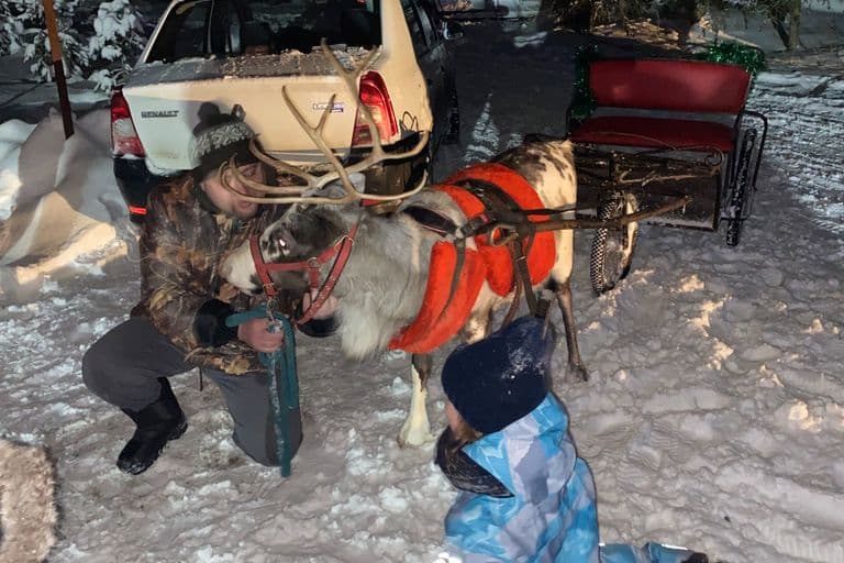 Мужчина держит северного оленя под уздцы, рядом ребёнок на снегу